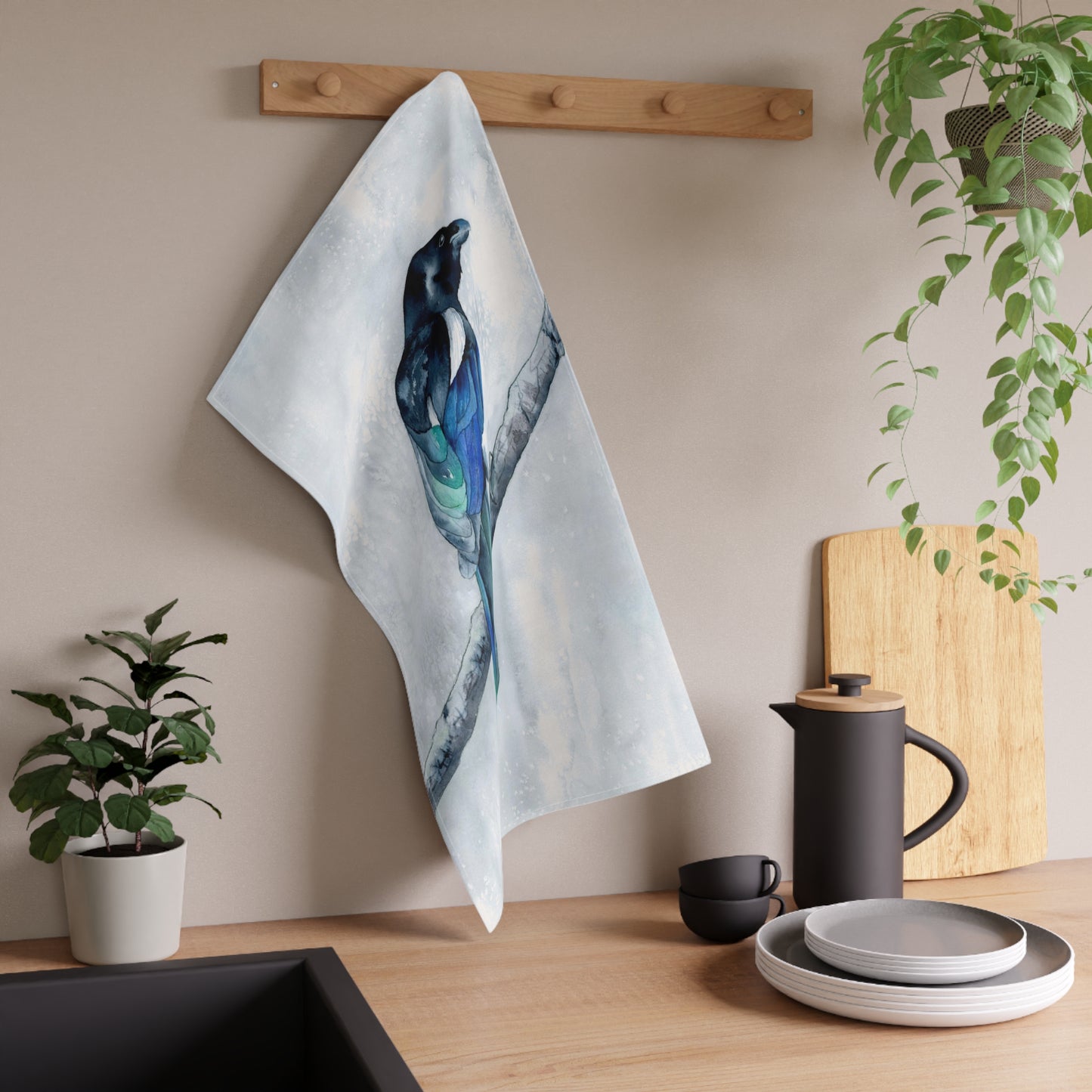 Geschirrtücher aus Baumwolle mit Elstermotiv