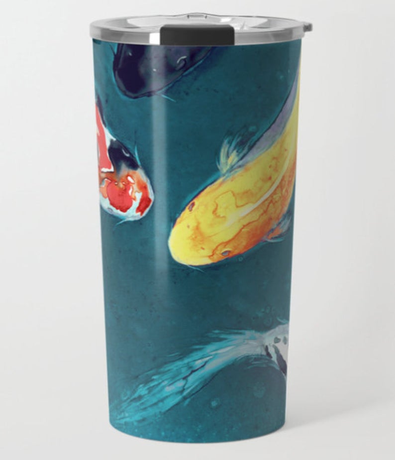 Travel Mug - Ceramic or Metal Coffee Cup - Koi Painting - Artistic Hot Cold - Stainless Steel Metal Coffee Cup Brazen Design Studio Dark Slate Gray
