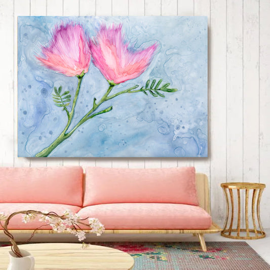 Albizia Silk Floral Watercolor Painting - Pink Mimosa Persian Tree Art Print Brazen Design Studio Light Steel Blue