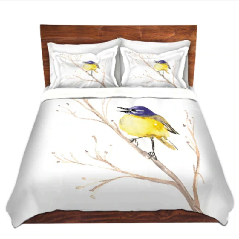 Yellow Wagtail Watercolor Painting - Modern Bedding - Duvet or Comforter Brazen Design Studio Light Gray