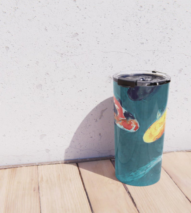 Travel Mug - Ceramic or Metal Coffee Cup - Koi Painting - Artistic Hot Cold - Stainless Steel Metal Coffee Cup Brazen Design Studio Dark Gray