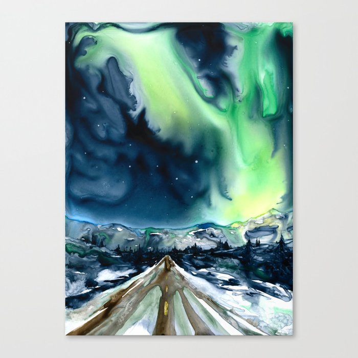 Aurora Borealis Northern Lights Landscape Watercolor Painting - Art Print Brazen Design Studio Dark Slate Gray