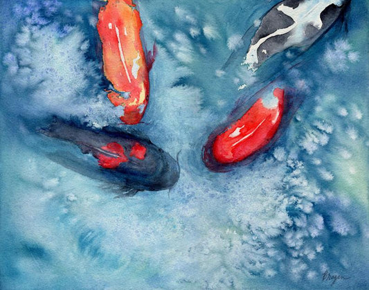 River Waltz - Koi Watercolor Painting Brazen Edwards Firebrick