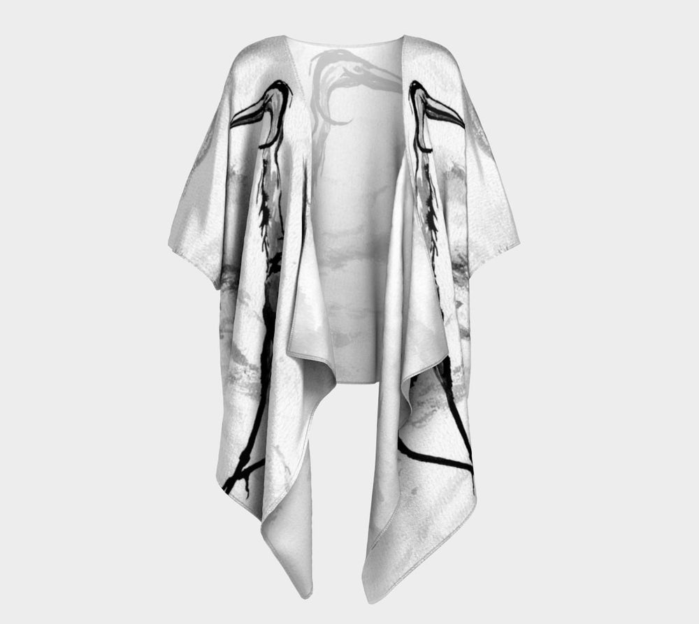 Draped Kimono - Crane Watercolour Painting - Designer Clothing Brazen Design Studio Gray