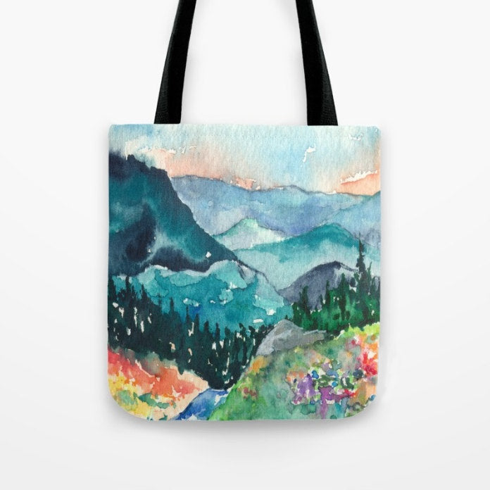 Art Tote Bag - Valley of Dreams Landscape Watercolor Painting - Shopping Bag Brazen Design Studio Steel Blue