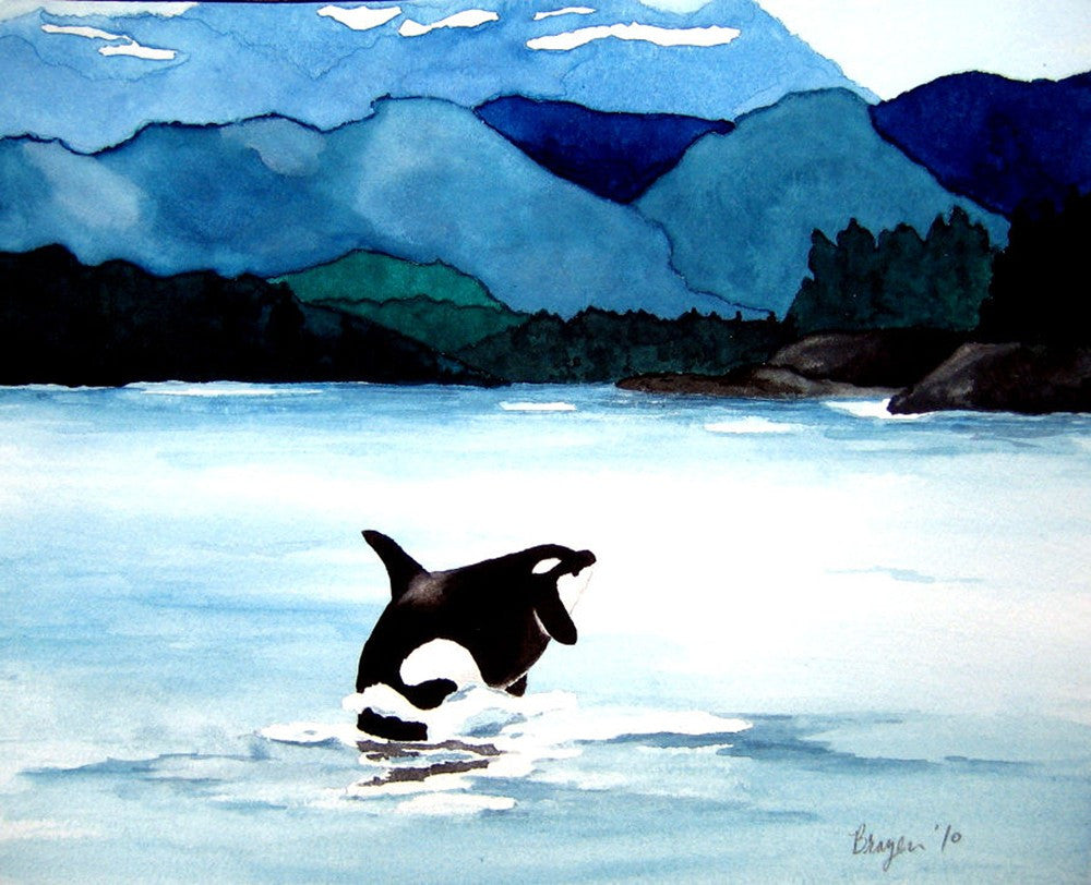 Watercolor Painting - Orca Art Print - Killer Whale Wildlife Seascape Brazen Design Studio Steel Blue