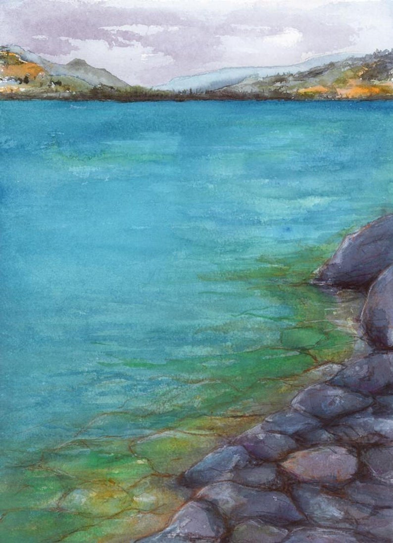 Kalamalka Lake - Okanagan Watercolor Landscape Painting - Scenic Art Print Brazen Design Studio Cadet Blue