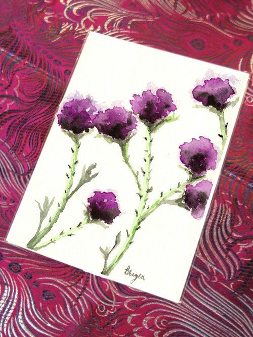 Mauve Milk Thistle Floral Sumi-e Art Card Brazen Design Studio Floral White