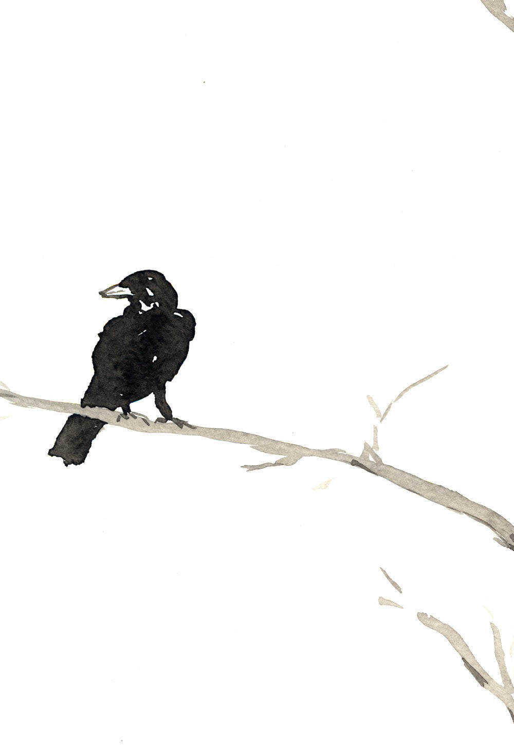 Ink Painting - Raven in a Tree - Mimimalist Art - Gothic Bird Sumi-e Art Print Brazen Design Studio Black