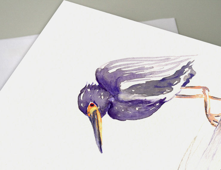 TriColoured Heron Watercolour Bird Painting Art Card Brazen Design Studio Slate Gray