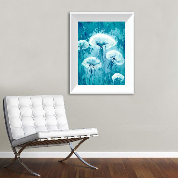 Jellyfish Art - Watercolor Painting - Teal Blue Contemporary Sea Creature Art Print Brazen Design Studio Dark Cyan