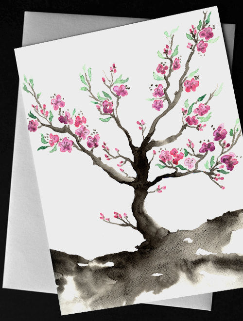 Sakura Pink Cherry Blossom Sumi-e Art Card Brazen Design Studio White Smoke