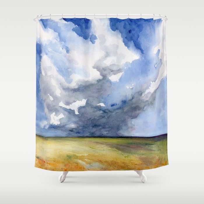 Shower Curtain Prairie Landscape Painting - Artistic Bathroom - Colorful Modern Vibrant Bathroom Decor - Head in the Clouds Brazen Design Studio Lavender