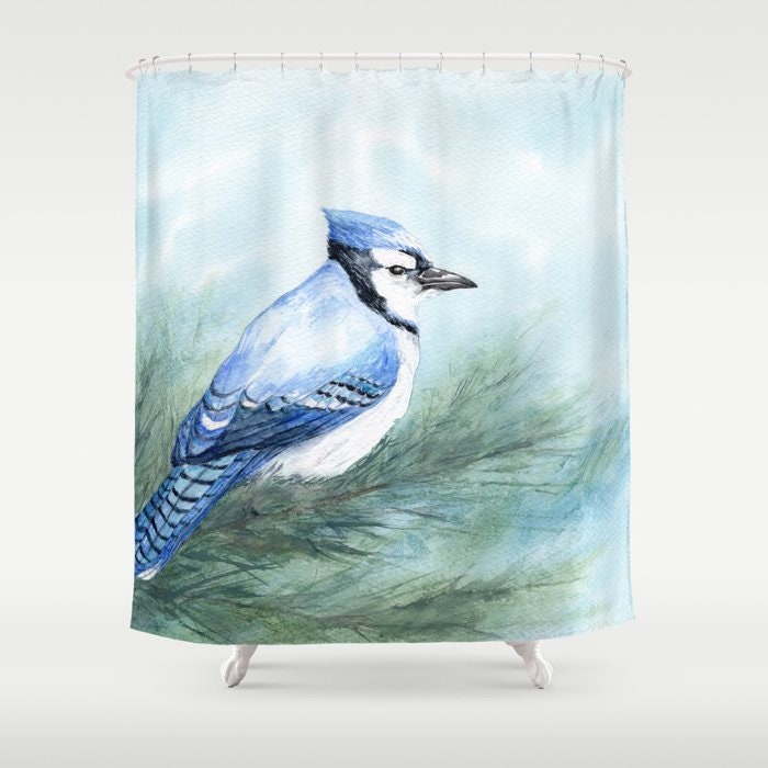 Shower Curtain Blue Jay Bird Painting - Artistic Bathroom - Colorful Modern Vibrant Bathroom Decor Brazen Design Studio Lavender