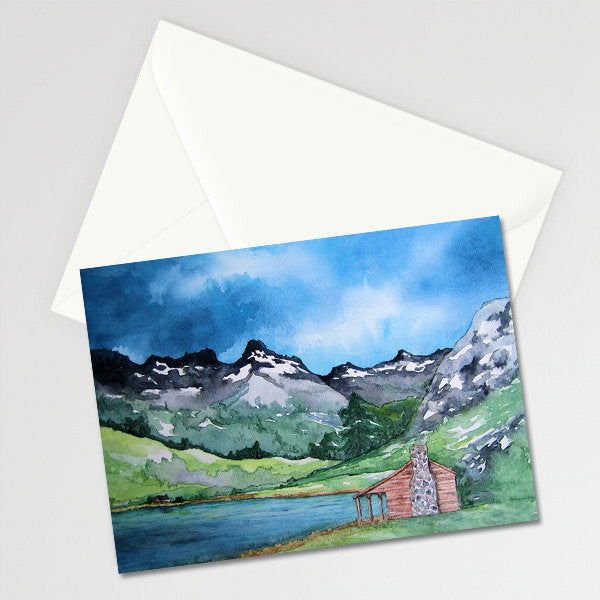 Serenity - Cabin in the Mountains Landscape Painting Art Card Brazen Design Studio Light Sky Blue