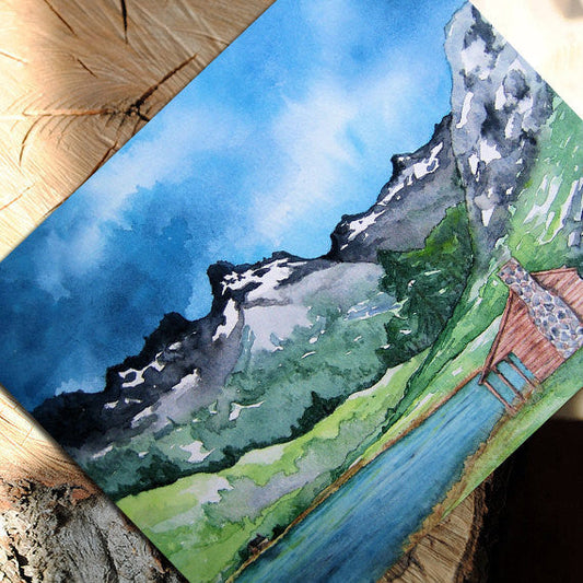 Serenity - Cabin in the Mountains Landscape Painting Art Card Brazen Design Studio Light Sky Blue