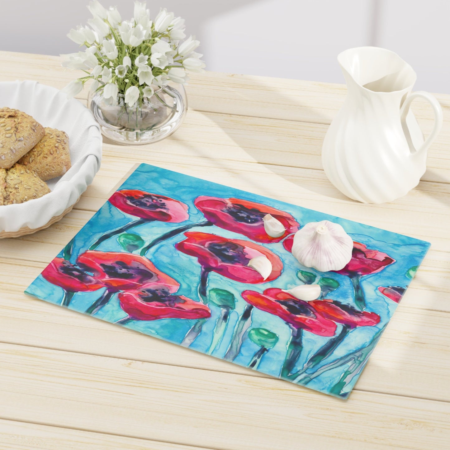 Schneidebrett aus Glas mit Mohnblumenmuster