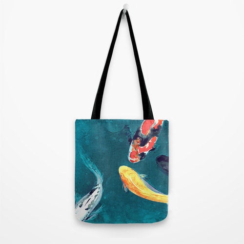 Art Tote Bag - Koi Watercolor Painting - Shoulder Beach Shopping Bag Brazen Design Studio Dark Slate Gray
