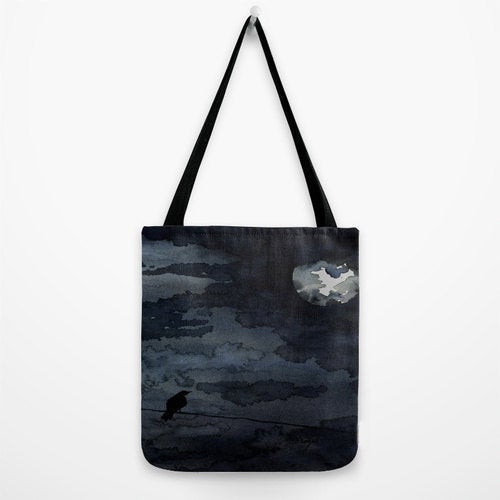 Art Tote Bag - Raven Full Moon Watercolor Painting - Shopping Bag Brazen Design Studio Dark Slate Gray