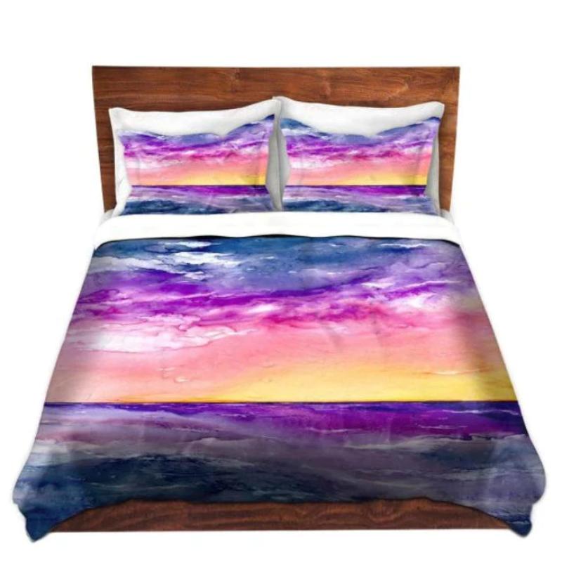 Ocean Sunset Watercolor Painting - Modern Bedding - Duvet or Comforter Brazen Design Studio Light Pink