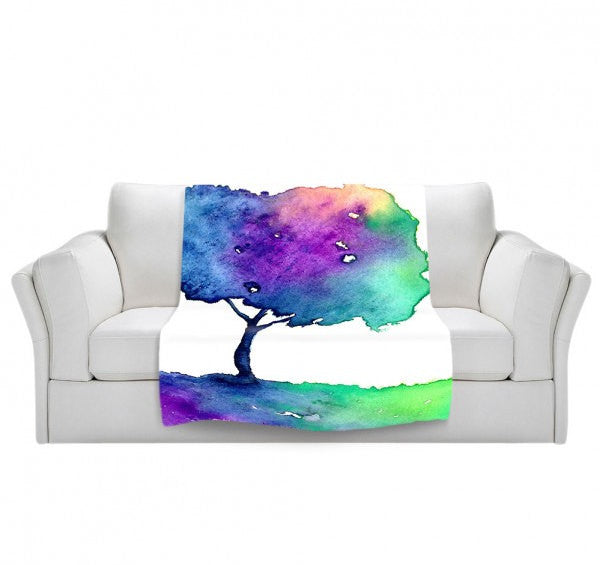 Fleece Blanket - Rainbow Hue Tree Watercolor Painting - Home Decor Cozy Living Room Brazen Design Studio Dark Orchid