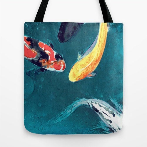 Art Tote Bag - Koi Watercolor Painting - Shoulder Beach Shopping Bag Brazen Design Studio Dark Slate Gray