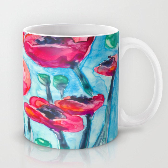 Artistic Floral Coffee Mug - Red Poppies - Kitchen Decor Mug Drinkware Brazen Design Studio Cadet Blue
