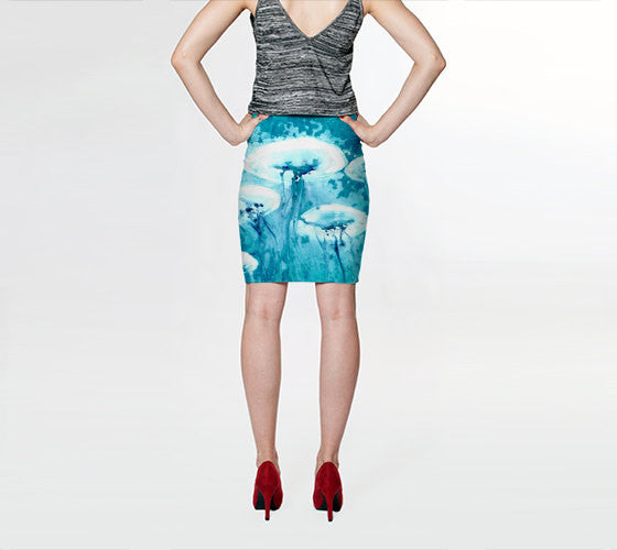 Designer Clothing - Jellyfish Ocean Painting - Printed Pencil Skirt Brazen Design Studio Cadet Blue