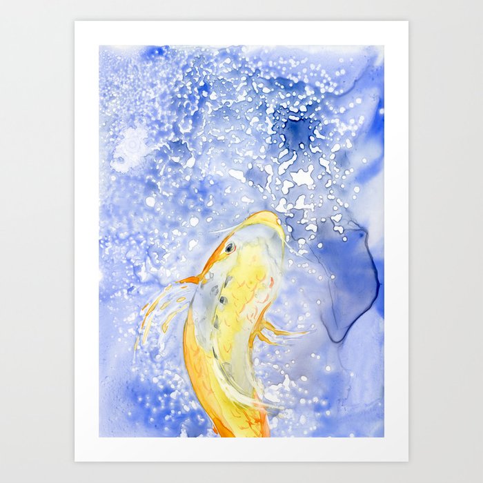 Watercolor Painting - Gold Koi Fish - Prosperity - Japanese Carp Art Print Brazen Design Studio Light Steel Blue