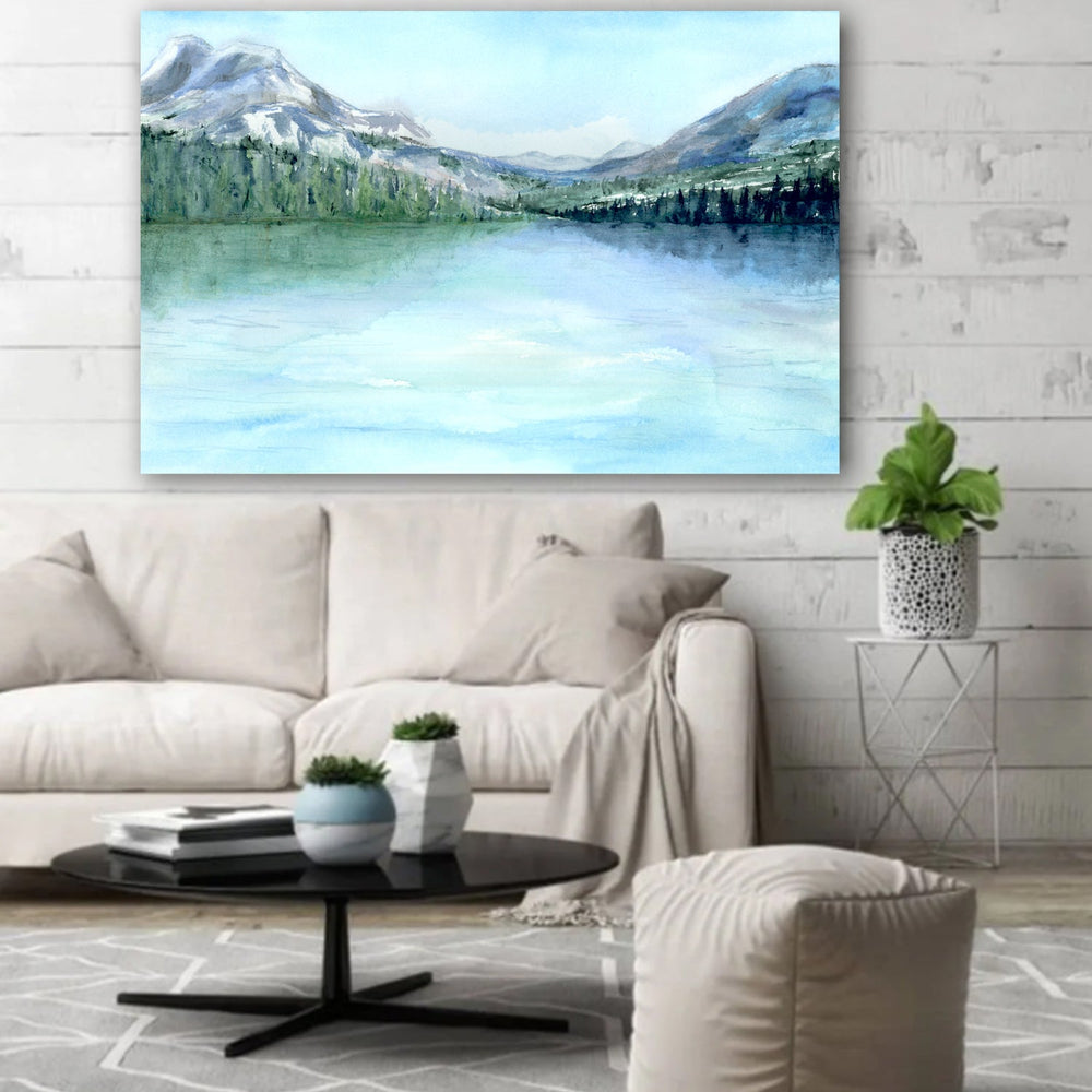 Misty Mountains Watercolor Lake Landscape Painting - Scenic Art Print Brazen Design Studio Light Cyan