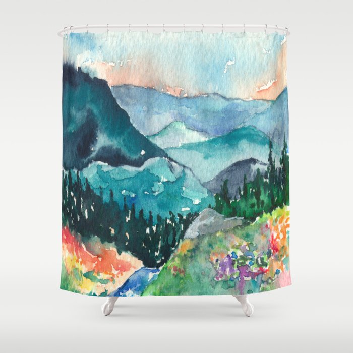 Shower Curtain Valley of Dreams Landscape Painting - Artistic Bathroom Decor Brazen Design Studio Sea Green