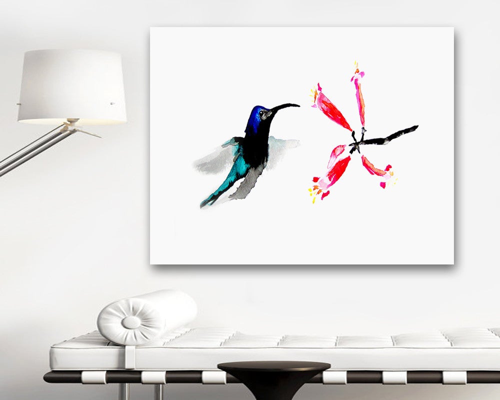 Watercolor Painting - Hummingbird Honeysuckle Bird Art Floral Sumi-e Art Print Brazen Design Studio White Smoke