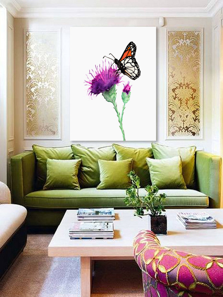 Watercolor Painting - Monarch and Milk Thistle - Floral Nature Art Print Brazen Design Studio White Smoke