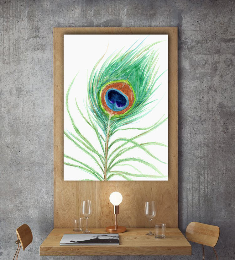 Watercolor Painting - Peacock Feather Art Print - Canvas or Paper Print Brazen Design Studio Honeydew