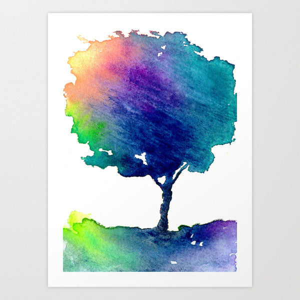 Watercolor Painting - Rainbow Tree - Modern Contemporary Art Print Brazen Design Studio Midnight Blue