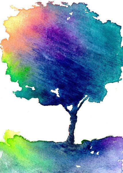 Watercolor Painting - Rainbow Tree - Modern Contemporary Art Print Brazen Design Studio Midnight Blue