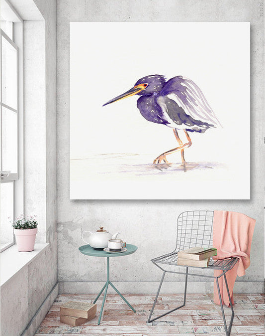 Watercolor Painting - Heron Tri Coloured Bird Sumi-e Art Print Brazen Design Studio White Smoke