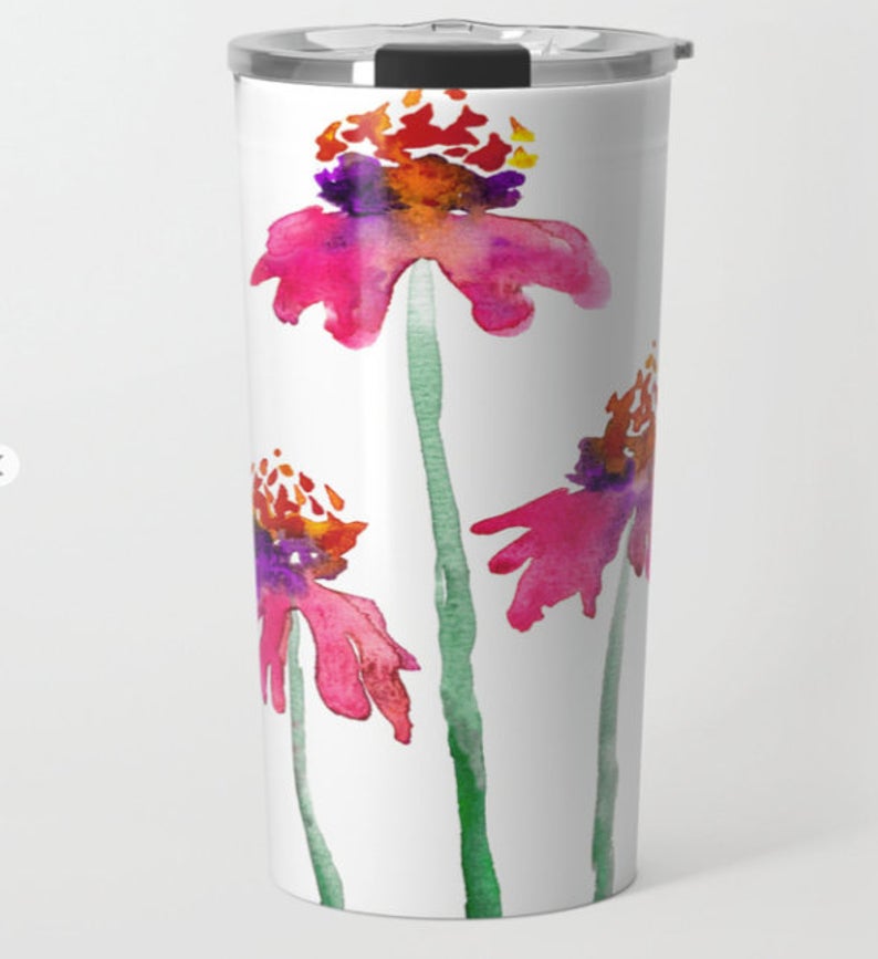 Travel Mug - Ceramic or Metal Coffee Cup - Echinacea  - Stainless Steel Metal Coffee Cup Brazen Design Studio Maroon
