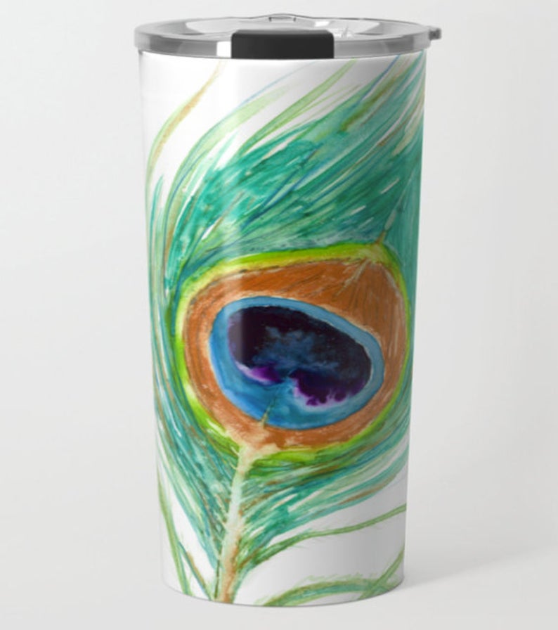 Travel Mug - Ceramic or Metal Coffee Cup - Peacock Feather  - Stainless Steel Metal Coffee Cup Brazen Design Studio Cadet Blue