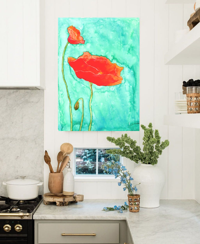 Poppy Trio Floral Watercolour Painting - Orange Poppy - Art Print Brazen Design Studio Aquamarine