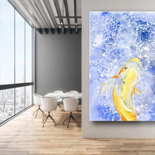 Watercolor Painting - Gold Koi Fish - Prosperity - Japanese Carp Art Print Brazen Design Studio Light Steel Blue