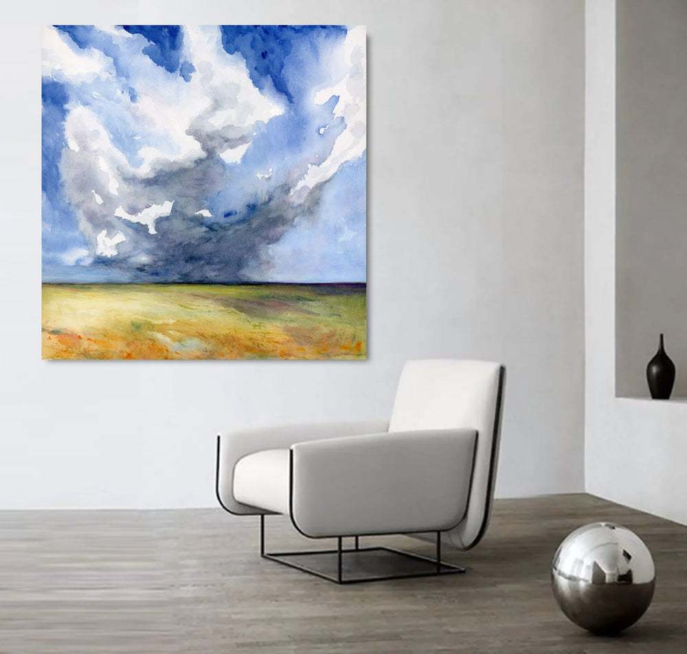 Head in the Clouds Prairie Landscape Watercolor Painting Art Print Brazen Design Studio Dark Khaki