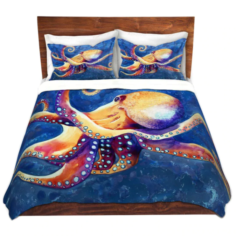 Octopus Wildlife Watercolor Painting  - Modern Bedding - Duvet or Comforter Brazen Design Studio Midnight Blue