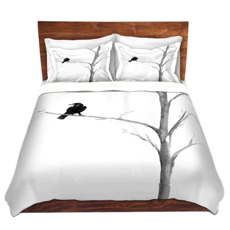 Raven in a Tree Ink Painting  - Modern Bedding - Duvet or Comforter Brazen Design Studio White Smoke