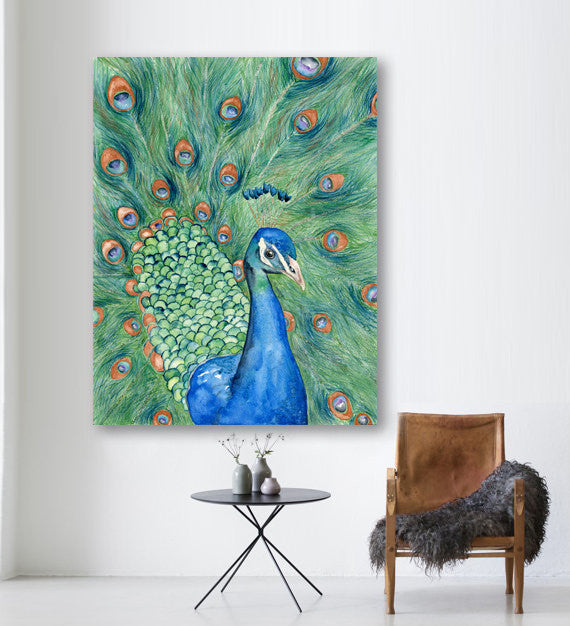 Watercolor Painting - Peacock Art - Wildlife Bird Art Print - Canvas or Paper Print Brazen Design Studio Dark Sea Green