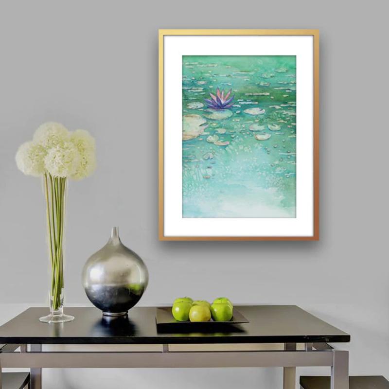 Lotus Garden - Waterlily Watercolor Painting Brazen Edwards Light Steel Blue