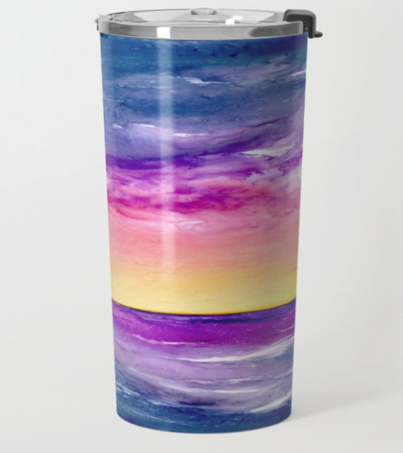Travel Mug - Ceramic or Metal Coffee Cup - Ocean Sunset  - Stainless Steel Metal Coffee Cup Brazen Design Studio Medium Orchid