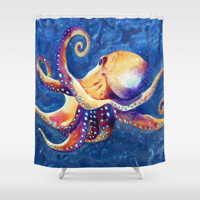 Octopus Shower Curtain Watercolor Painting - Artistic Bathroom Decor Brazen Design Studio Antique White