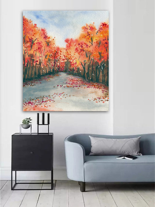 Watercolor Landscape Painting - Autumn Journey Fall Nature Woodland Scenic Art Print Brazen Design Studio Salmon