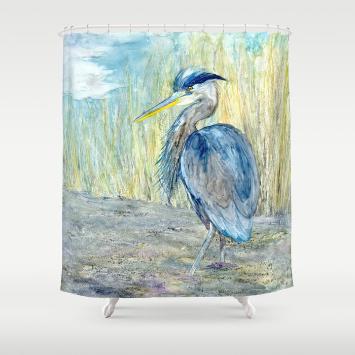 Great Blue Heron Shower Curtain Watercolor Painting - Artistic Bathroom Decor Brazen Design Studio Light Gray